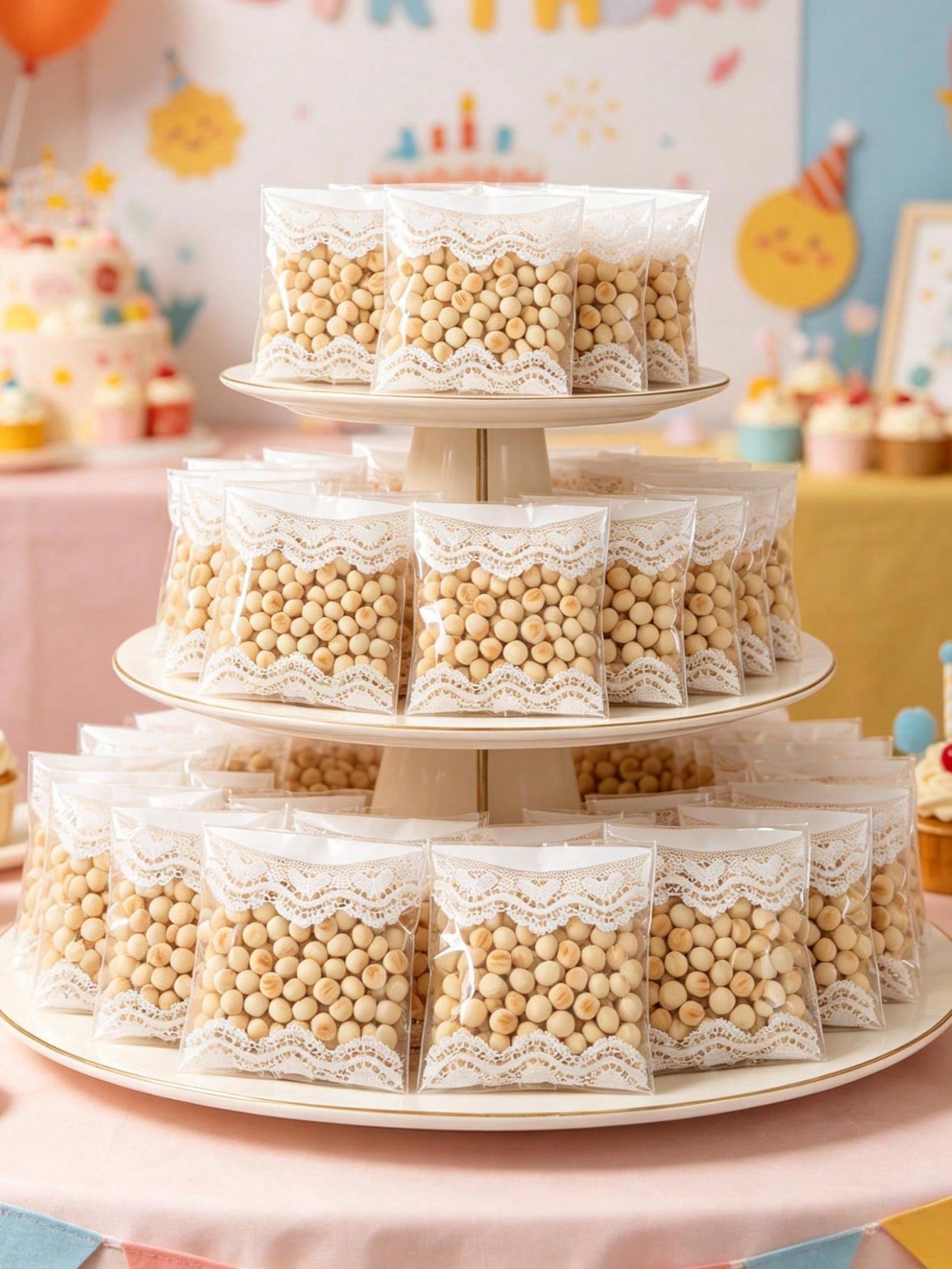 100pcs Lace Trim Self-Adhesive Bags, Transparent Self-Sealing Candy Bags, Lace Trim Design Birthday Self-Sealing Bags Candy Bags Baking Bags, Baby Shower Party Decoration, Wedding Candy Decoration Gif