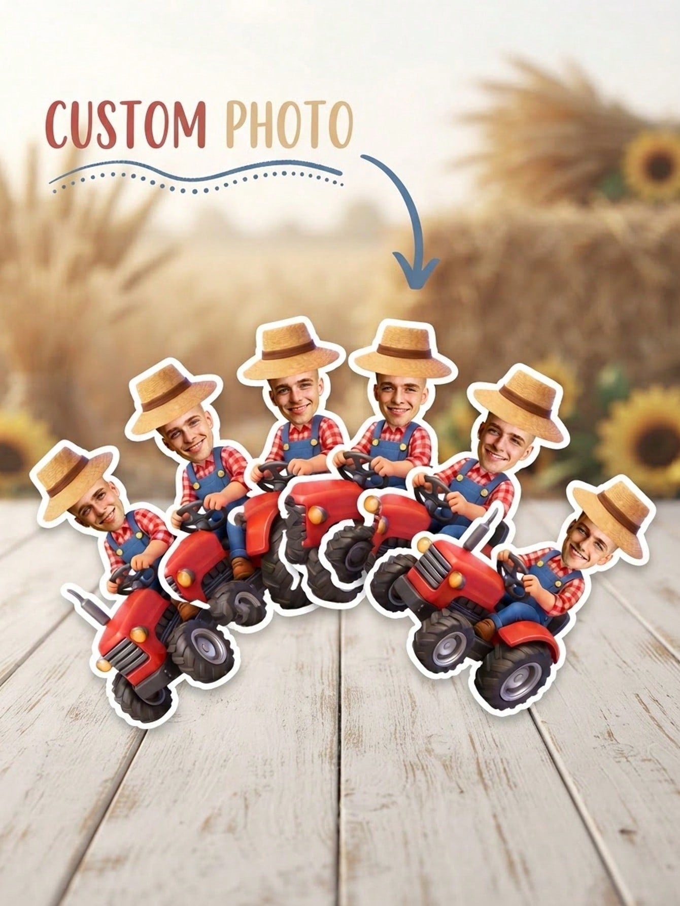 16/32/64pc Custom Photo Farmer Tractor Stickers, Riding Red Farm Tractor Portrait Cutout Stickers, Personalized Farm Tractor Custom Face Stickers,Farm Themed Birthday Party Favors,Barnyard Party Suppl