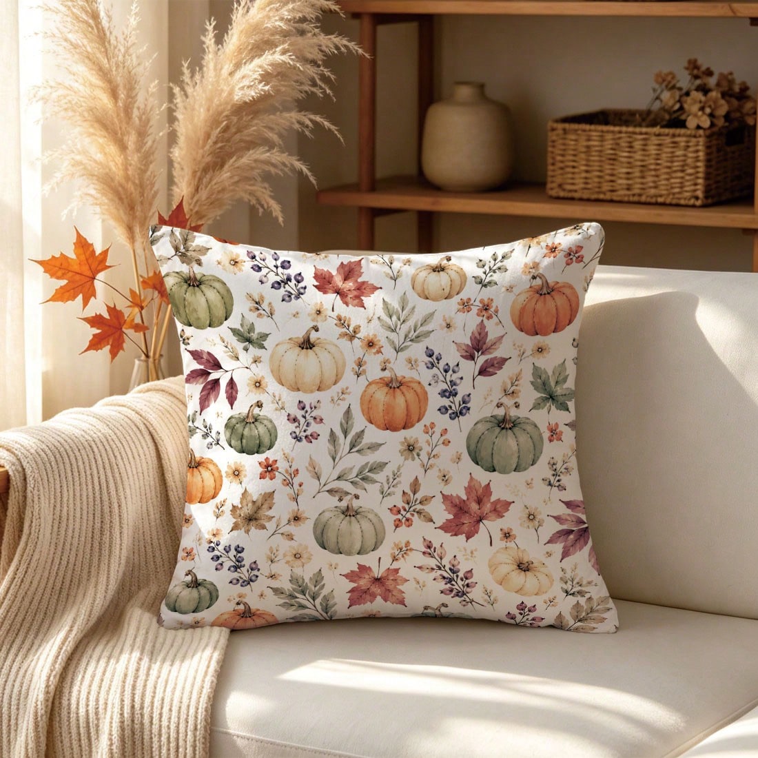 1pc Autumn Watercolor Pumpkin & Maple Leaf Cushion Cover, Single-Sided Printed Skin-Friendly Peach Skin Velvet Material, 45*45CM Pillowcase Suitable For Home Room Bedroom Living Room Sofa Decoration