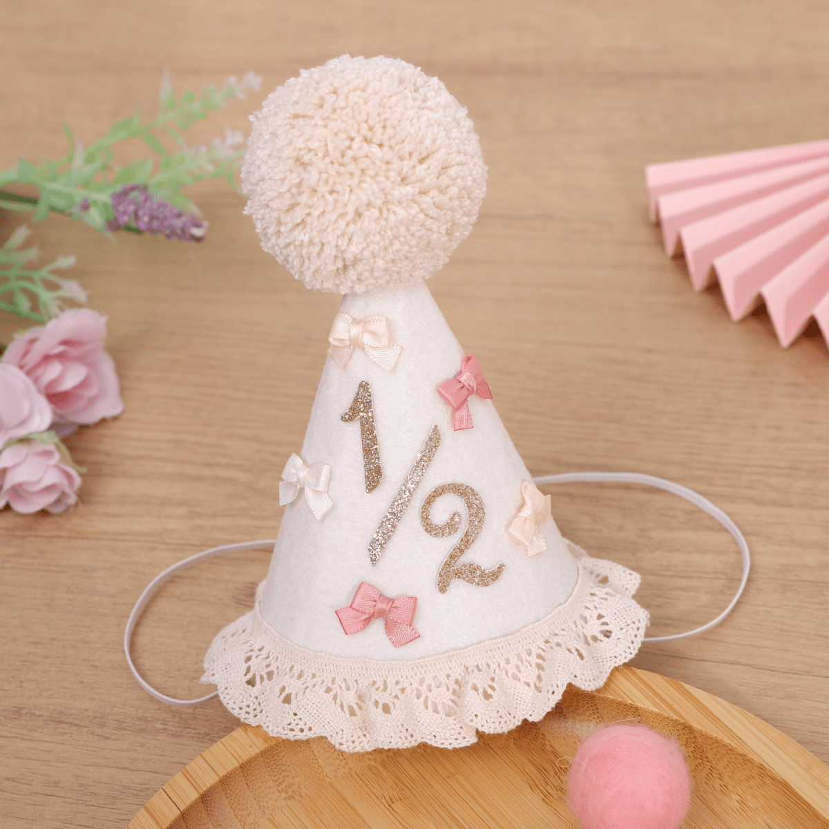 1pc Baby 1st/2nd Birthday Hat, Bow & Pom Pom Lace Trim Headband For Toddler Boys Girls Party Decoration Photo Props