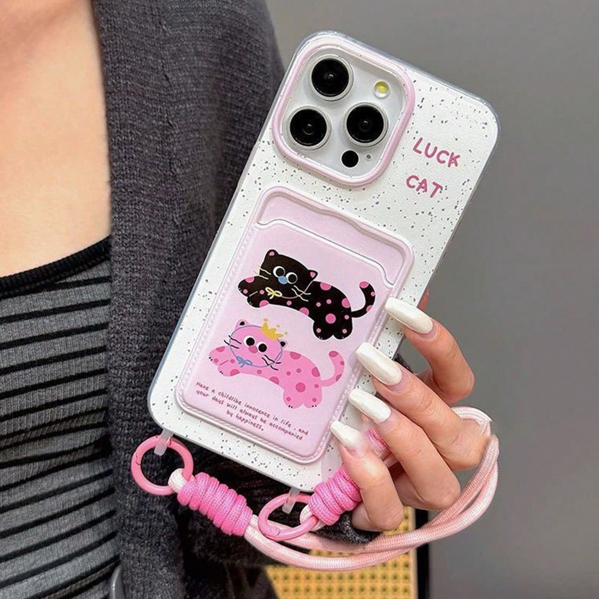 1pc Cute Spotted Cat Card Holder Phone Case With White Ink Splatter Background + Lanyard, Compatible With Apple 17Promax/X/XR/XS/11/12/13/14plus/15/16pro