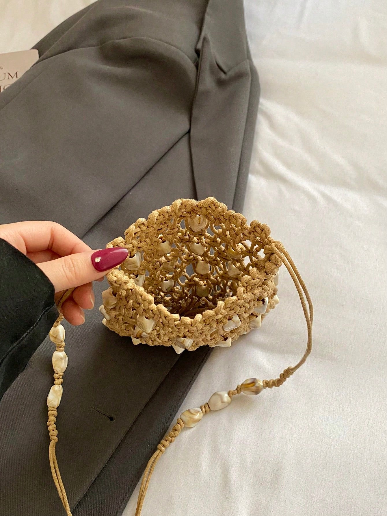 1pc Hollow Out Solid Color Woven Bucket Bag, Minimalist Shoulder Bag, Versatile Mini Phone Crossbody Bag For Summer Date