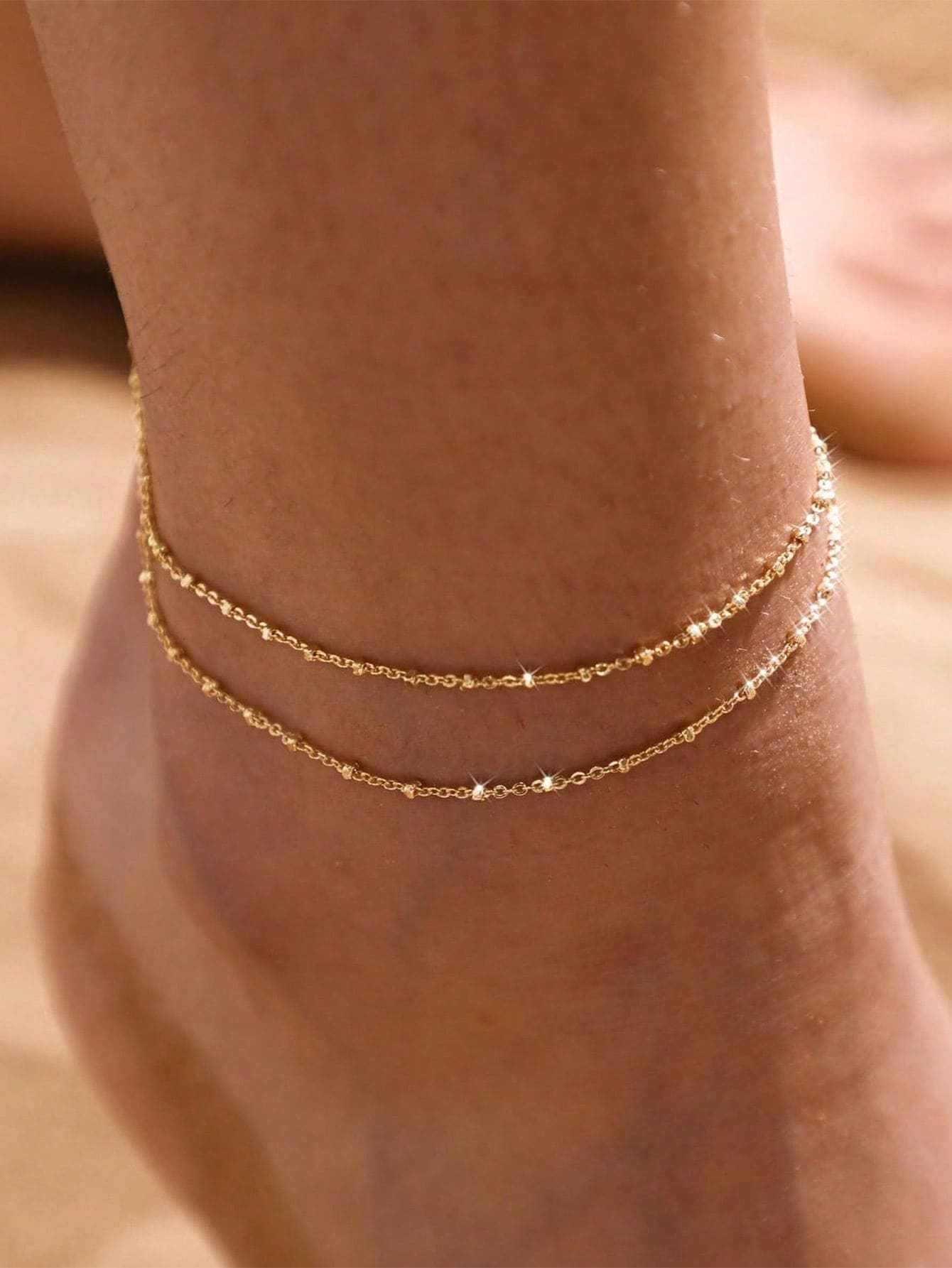 1pc Minimalist Waterproof 18K Stainless Steel Beaded Anklet, Girlfriend Gift, Suitable For Vacation, Party, Daily Wear