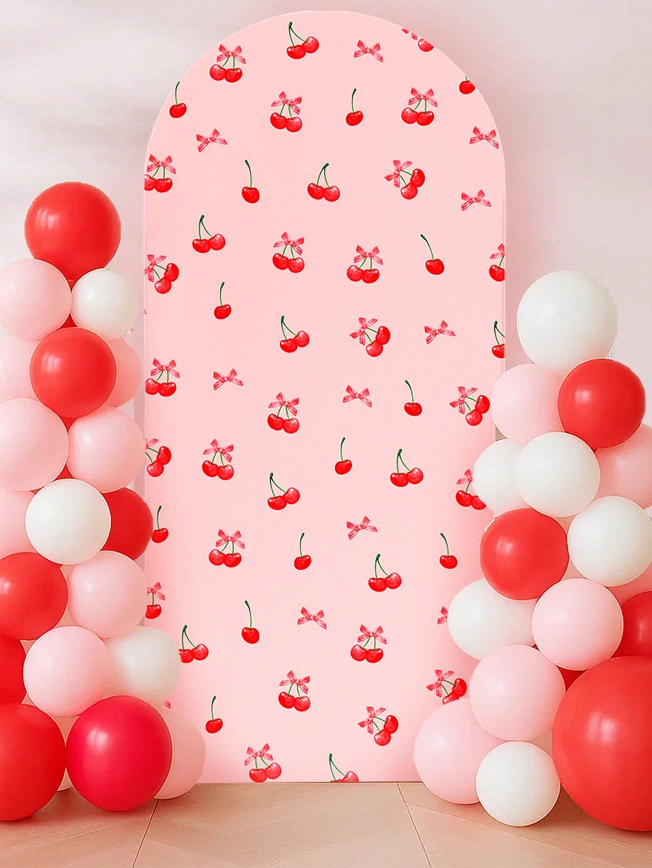 1pc Pink Bow & Cherry Themed Photo Backdrop Cloth, Suitable For Baby Shower Party, Newborn 1st Birthday Party, Baby Shower Party Photo Backdrop Decor, Newborn Party Backdrop Decor, Gender Reveal Party