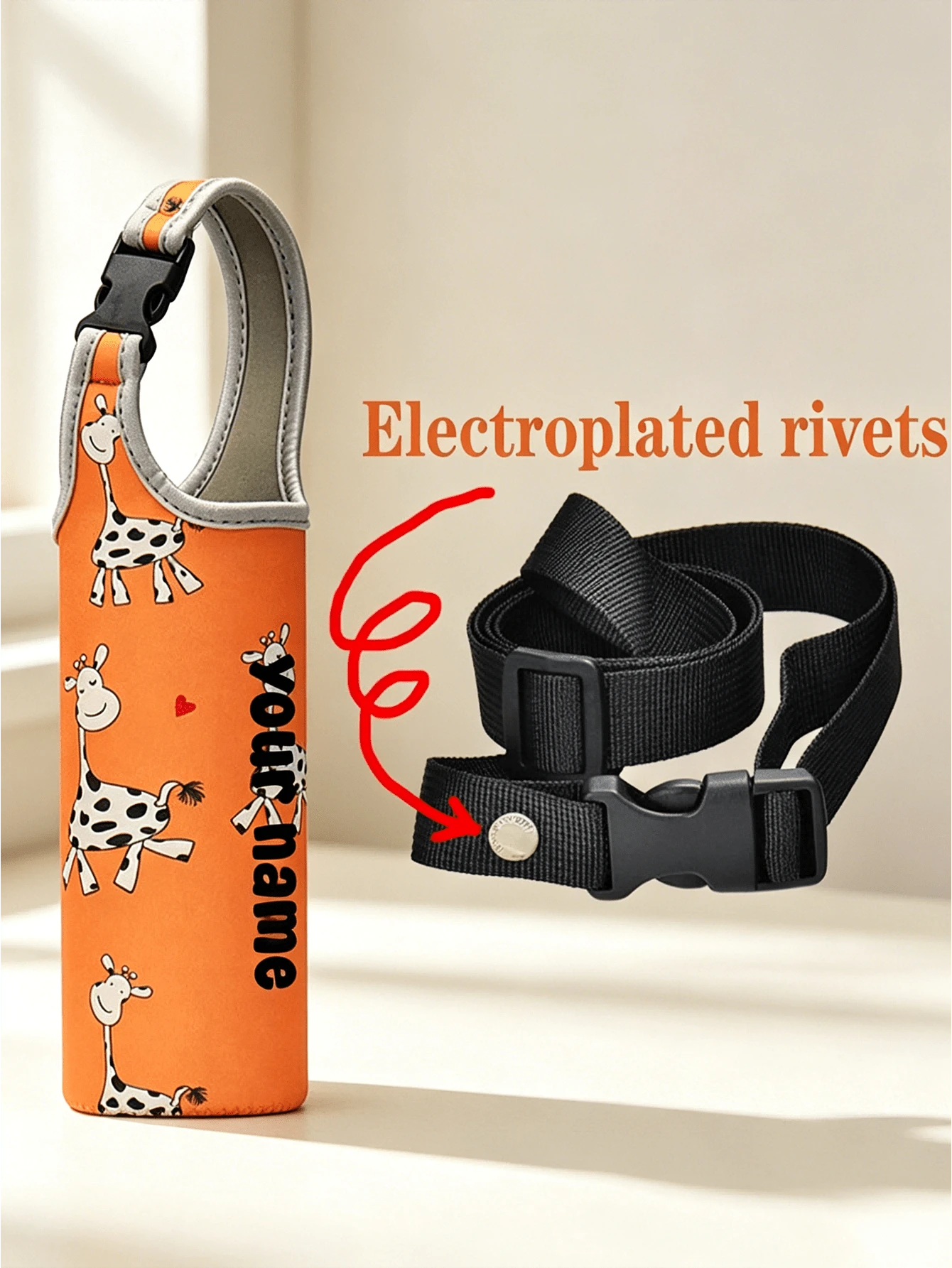 1pc Slanted Cup Sleeve, Orange Giraffe Pattern, Crossbody Or Handheld, Travel Essential, Customized Travel Name Text Neoprene Water Bottle Holder With Adjustable Strap, Fits 12oz To 40oz Stainless Ste