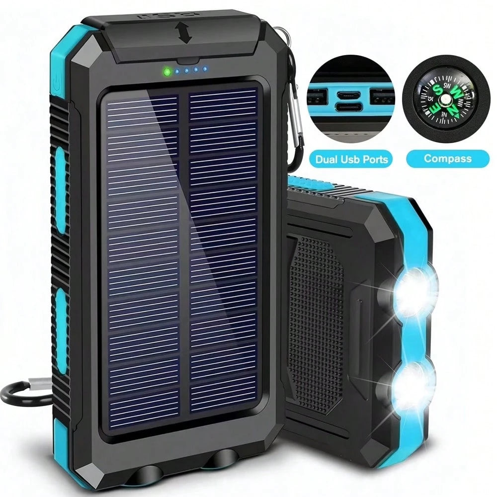 2025 Super 10000mAh USB Portable Charger Solar Power Bank For Mobile Phones, Solar Power Bank, Mobile Power Bank, Portable Charger For All Devices- Long-Lasting, Travel Camping, LED Flashlight, Compa