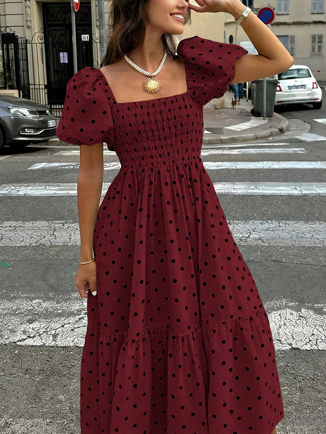 2026 Autumn Women's Plaid Elegant Bohemian Casual Elegant Outing Date Holiday Square Neck Puff Sleeve Ruffle Pleated Dress, Women's Dress, Women's Vacation Outfit, Elegant Dress, Party Dress, Cruise O