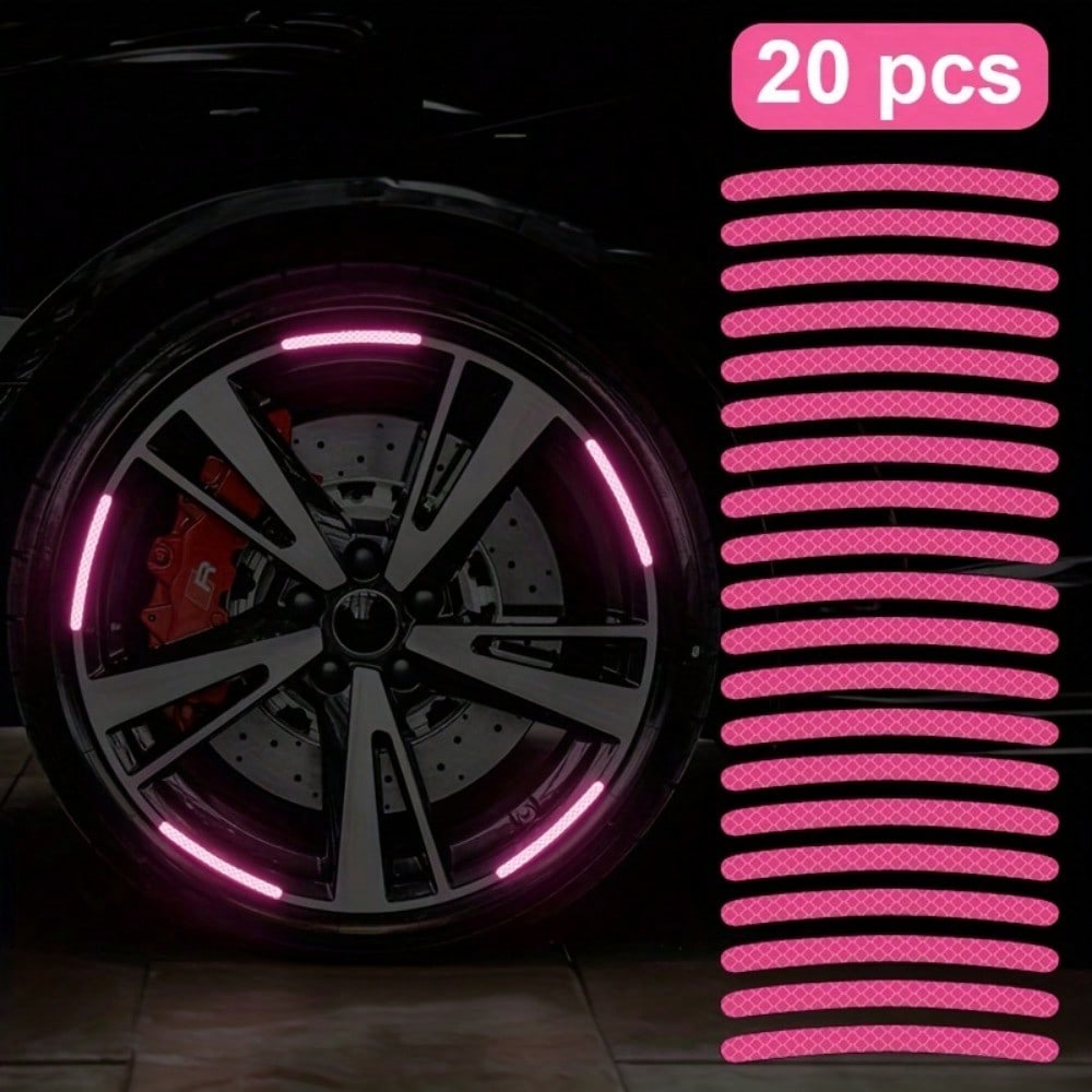 20pcs Reflective Car Wheel Hub Stickers, Luminous Pink Tire/Rim Decoration Decals For Automobiles, Motorcycles, Bicycles