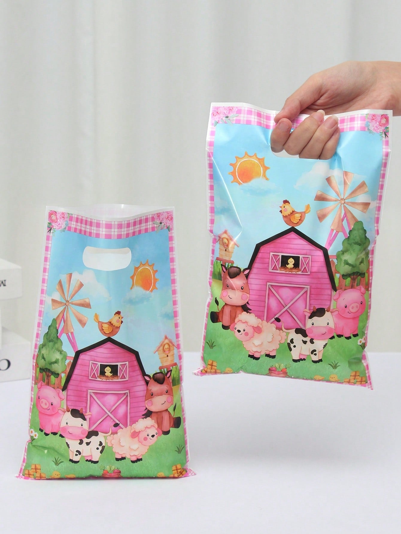 25/50pcs Plastic Farm Animal Theme Baby Shower Party Favor Bags, With Handles, Waterproof Reusable Gift Bags, Suitable For Kids Boys Girls Birthday, Gender Reveal, Daycare Party Supplies