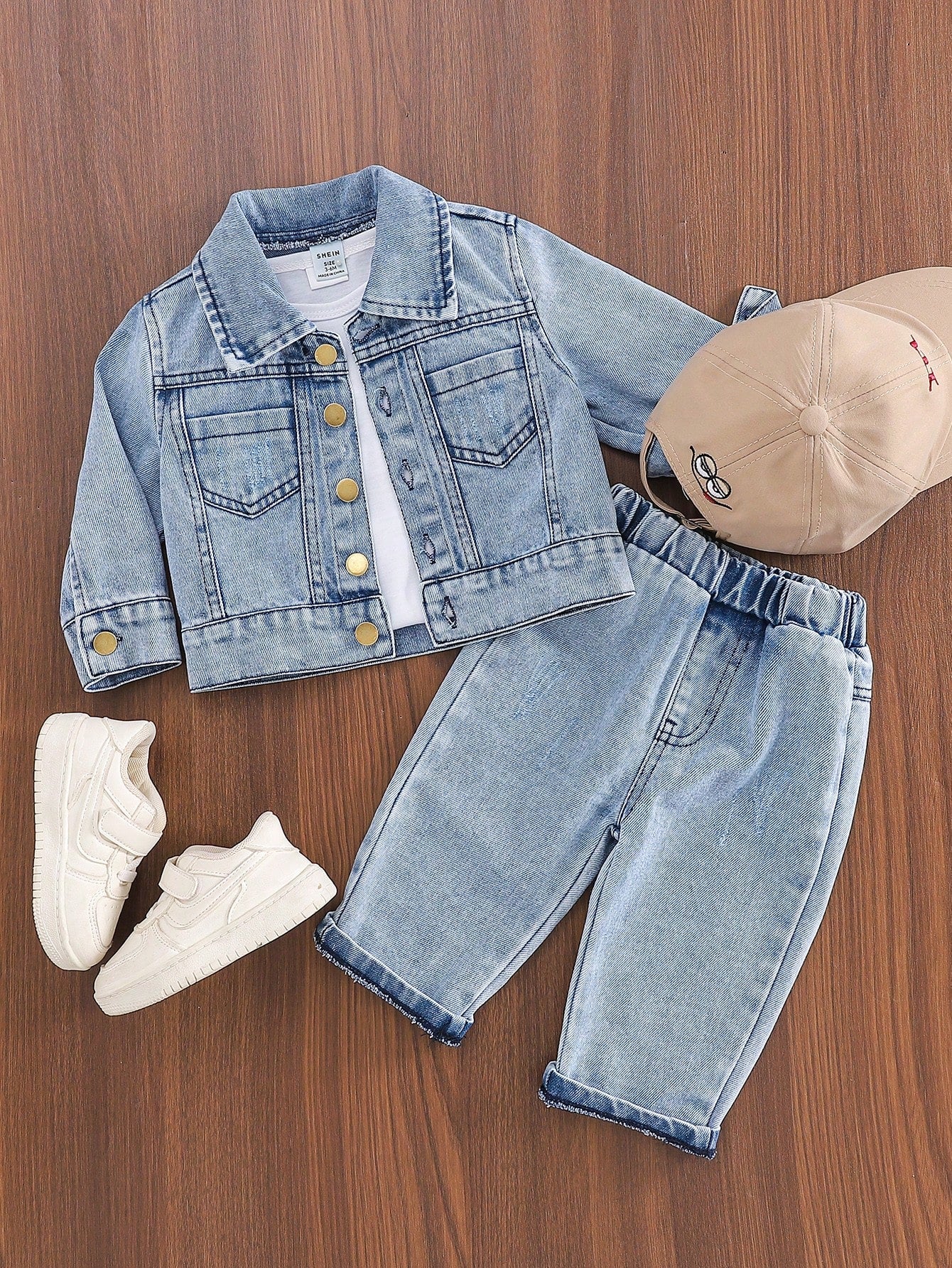 2pcs/Set Baby Boys Casual Vintage Washed Blue Denim Lapel Jacket Top And Faded Denim Jeans Pants Outfit Comfortable All-Match Autumn Vacation Set