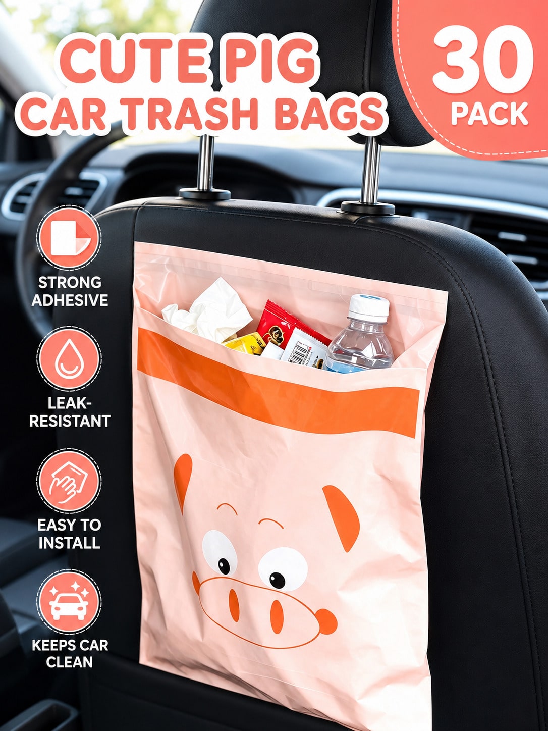 30pcs Cute Pig Car Trash Bags, Adhesive Non-Mark Disposable Car Trash Bin, Waterproof Portable Car Cleaning Bags