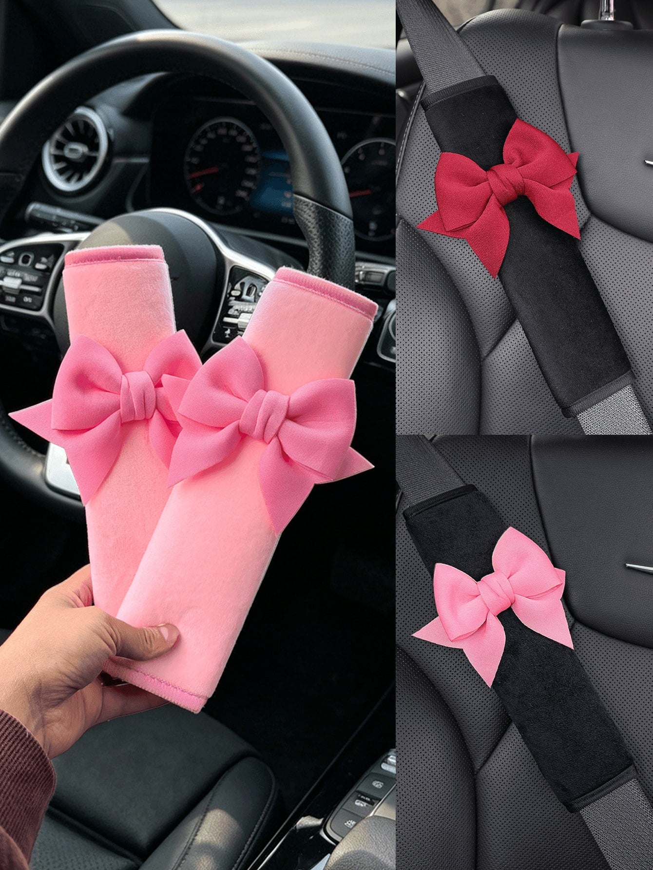 3pcs/Set Cute Bowknot Soft Plush Car Safety Belt Shoulder Pads, Universal Vehicle Interior Decor Accessories, Anti-Scratch Comfortable Shoulder Strap Covers, Suitable For Women And Girls, Available In
