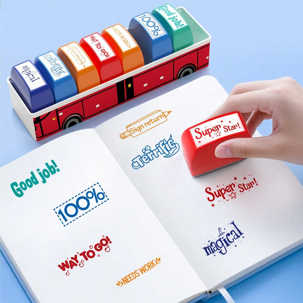 8pcs Funny Bus Stamp Set, English Encouraging Phrases, Teacher & Parent Reward Tool, Homework Grading, Planner Decoration, Colorful Motivational Phrases, Classroom Essential