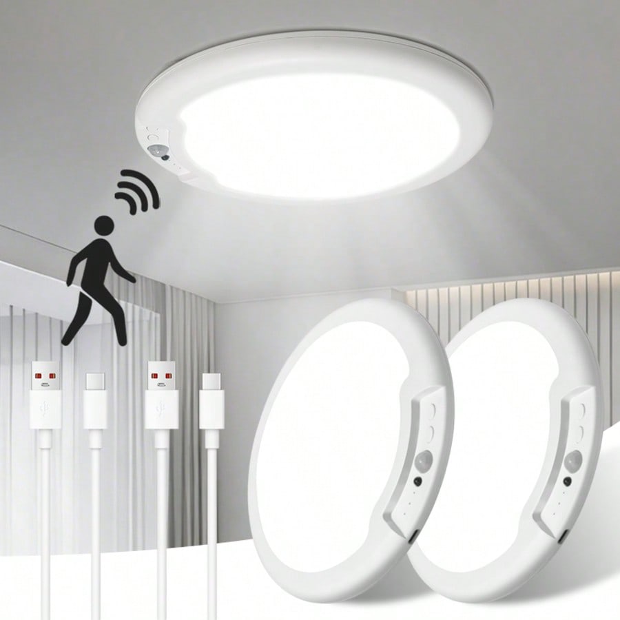 AMILL 2 Pack/ 1 Pack Rechargeable Motion Sensor Ceiling Light With Remote, Battery Operated, Wireless LED Overhead Light, No Wiring, 3 Color Dimmable Indoor Lamp For Closet, Shower, Pantry, Shed, Hall