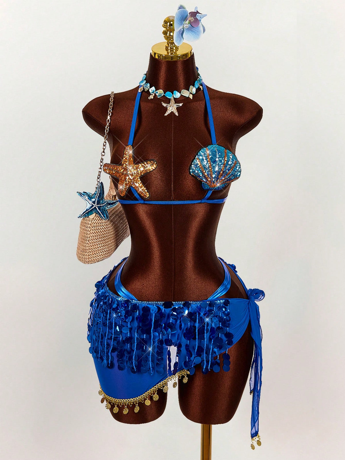 Amplova 3pcs Women's Starfish & Shell Detail Bikini Set With Beaded Skirt, Sexy & For Vacation, Music Festival, Spring/Summer Summer Clothes Women