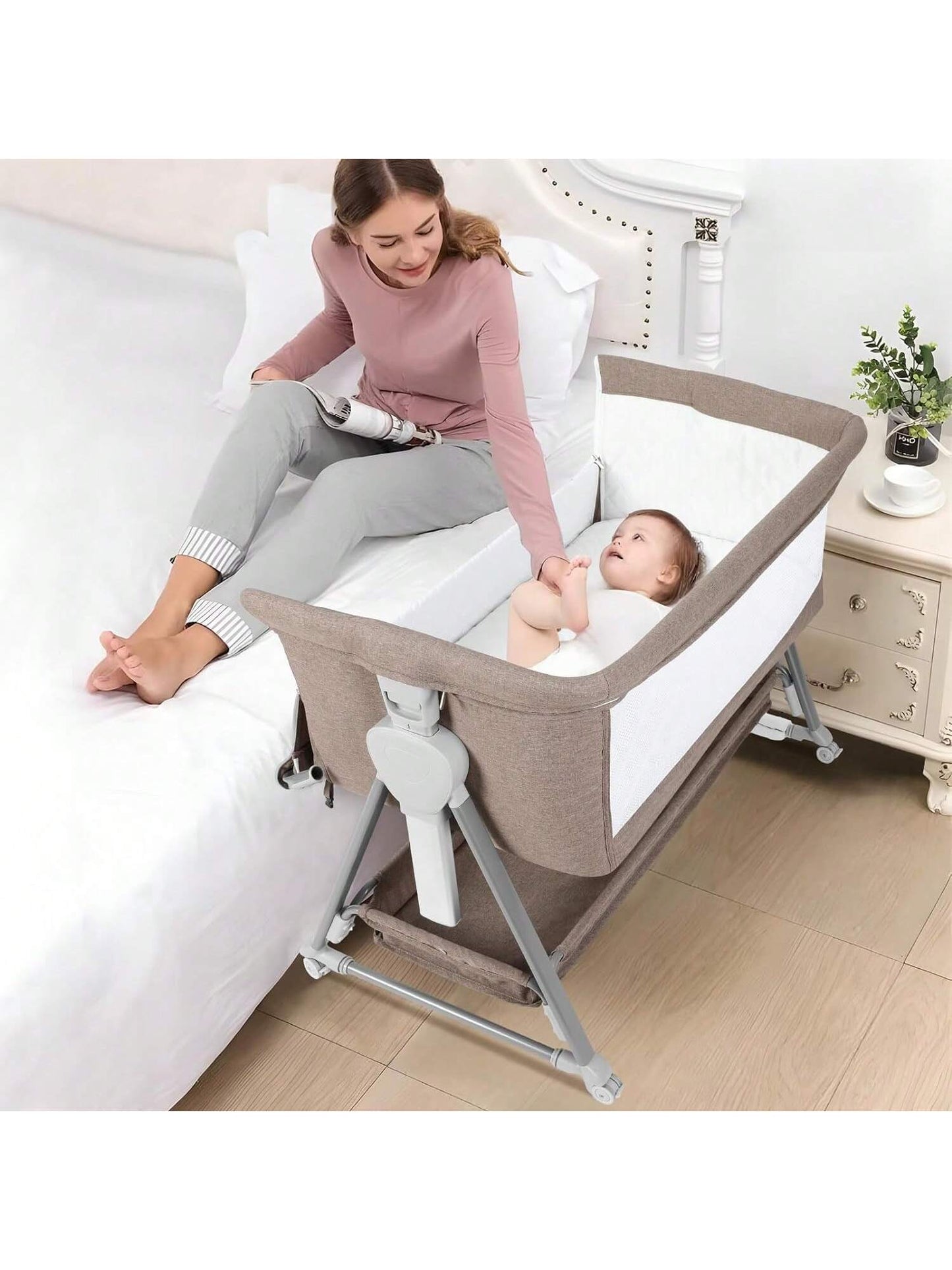 Baby Bassinet, Beside Sleeper For Baby Easy Folding Bedside Bassinet With Storage Basket And Wheels To Reduce Mom's Fatigue (Dark Grey)