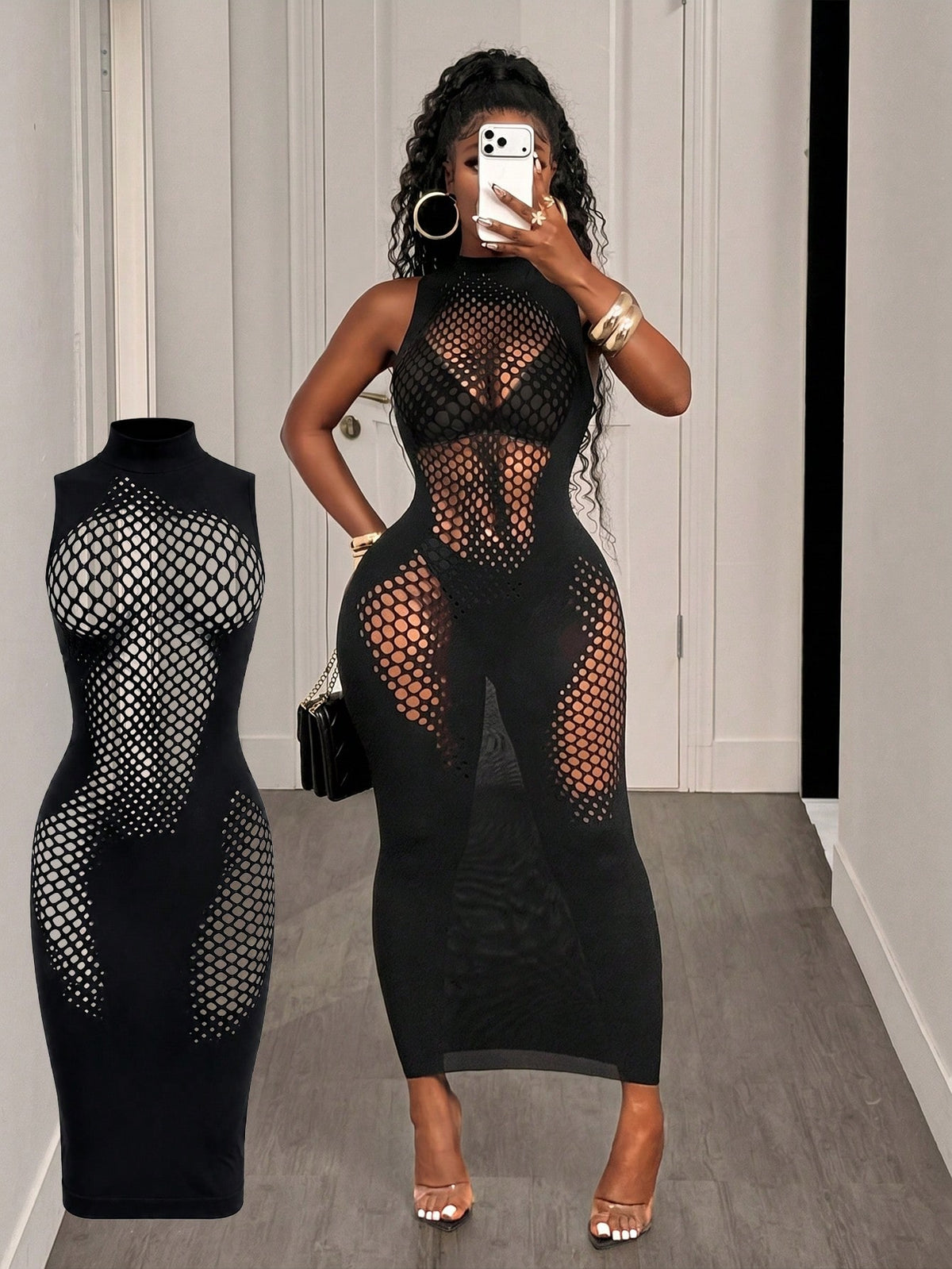BamGleam Women's Stand Collar Sleeveless Hollow Out Design Sexy Mesh Dress Going Out Black Summer