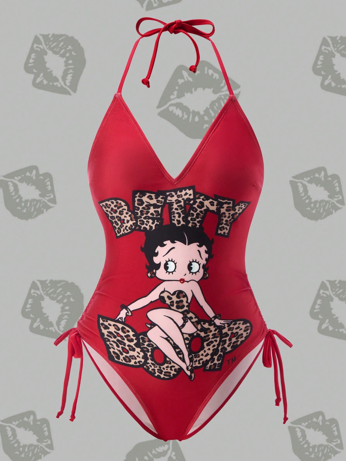 Betty Boop x Women Summer Leopard Letter & Cartoon Figure Graphic Drawstring Ruched Side Halter One-Piece Swimsuit One Piece Swimsuit Red One Piece Swimsuit