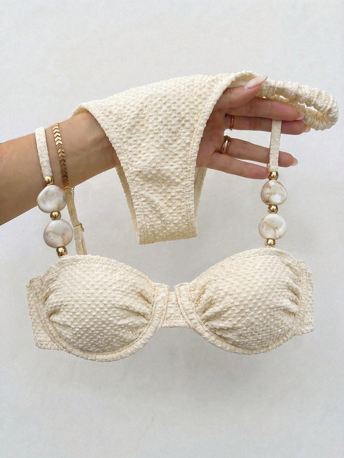 Bikinx Women's Elegant Beaded Stone Decor Textured Bikini Set, Backless Underwire Design, Suitable For Beach Vacation Summer, Resort Wear