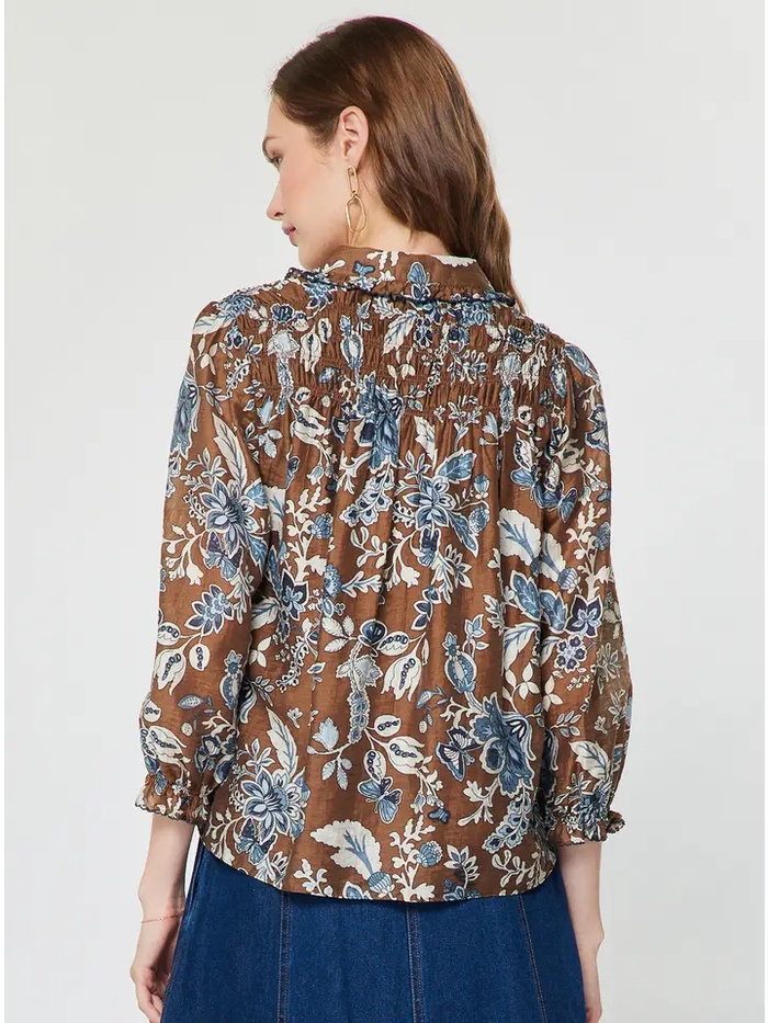 Blue & Brown Collared Button-Down Blouse W Ruffled Sleeves