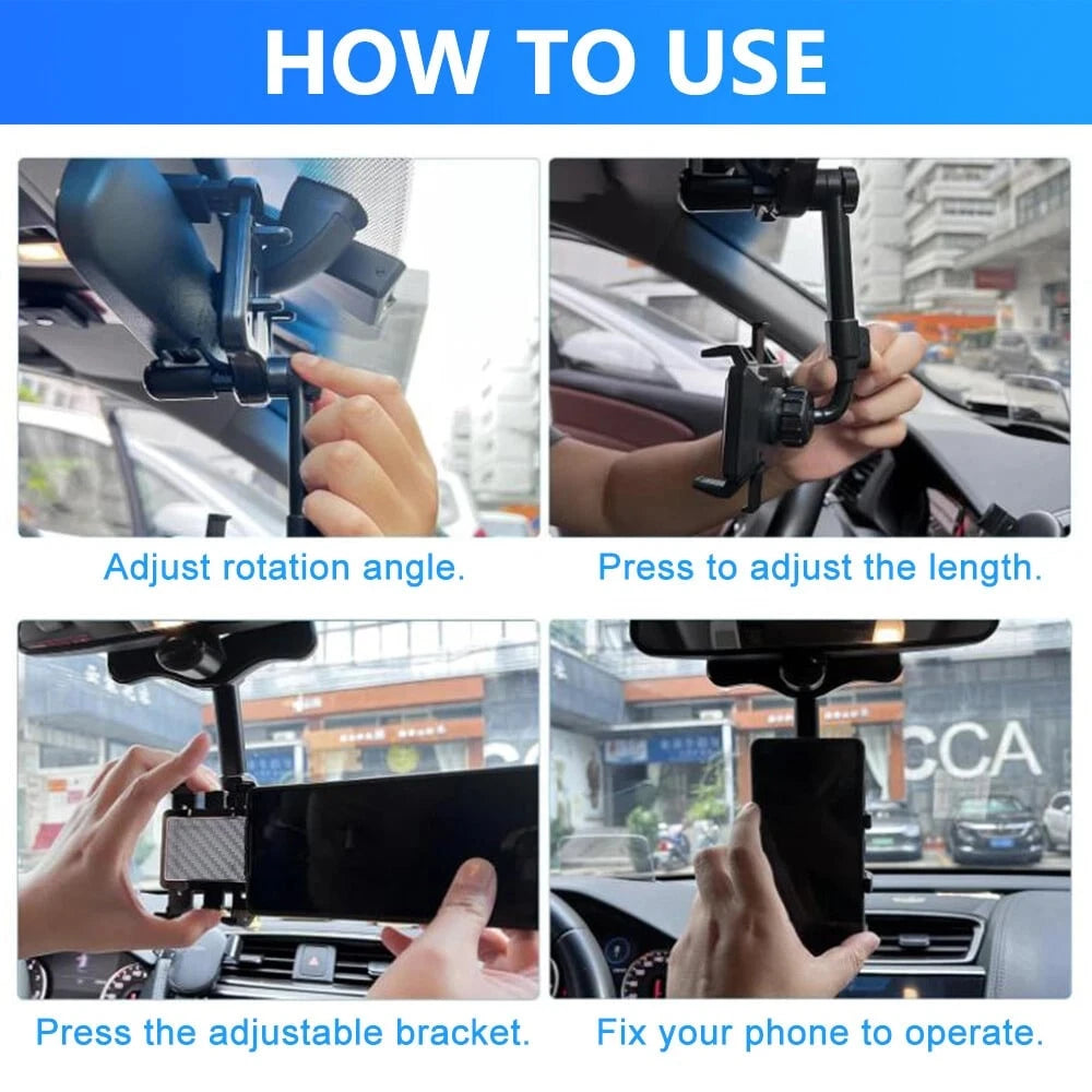 Car Phone Holder Rotatable Retractable Rearview Mirror Mount, Universal 360 Rotation Car Rear View Mirror Mount Holder For GPS Mobile Phone