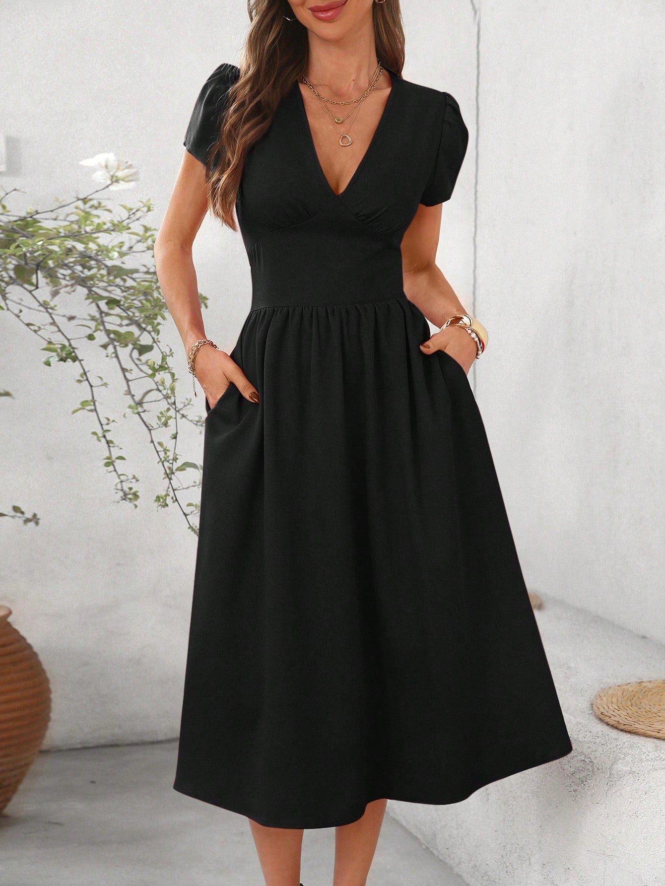 Clasi Women's Elegant Solid Color Asymmetric Pocket Cinched Waist V-Neck Flare Hem Mid-Length Dress,Dresses For Women Summer