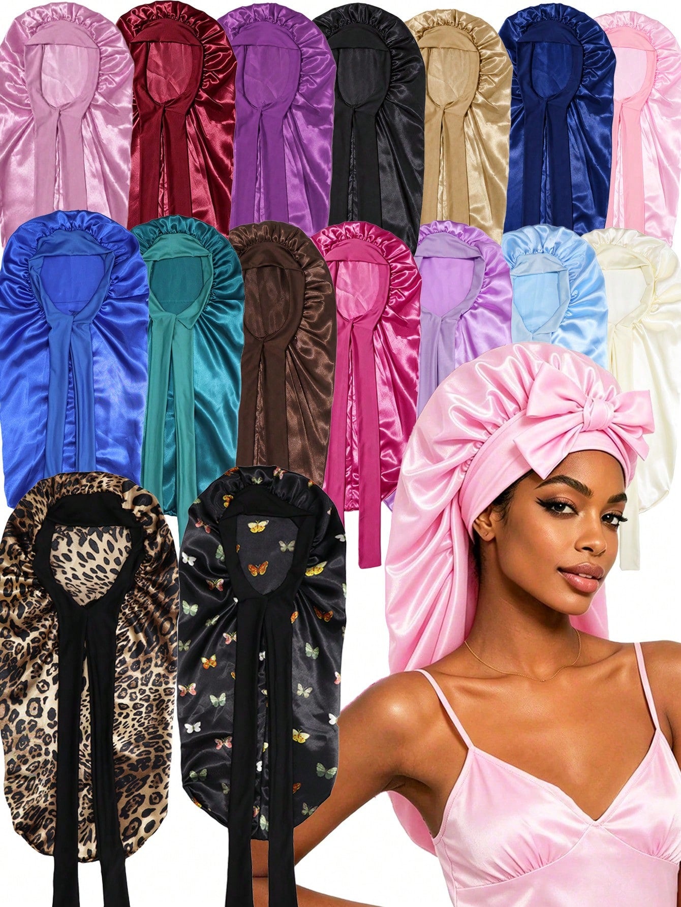 CONFLASS 2/1pc Long Leopard Print Bowknot Satin Solid Color Long Tube Hair Bonnet, Anti-Frizz Sleep Cap, Oversized Sleep Cap, Adjustable For Curly, Braided And Long Hair, Suitable For Daily Use And Ma