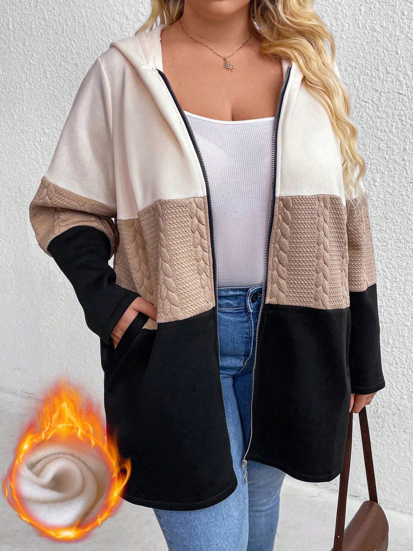 CURVE+ Plus Size Women's Casual Color Block Long Sleeve Zip-Front Hooded Coat, Autumn/Winter Fall Cloth For Women