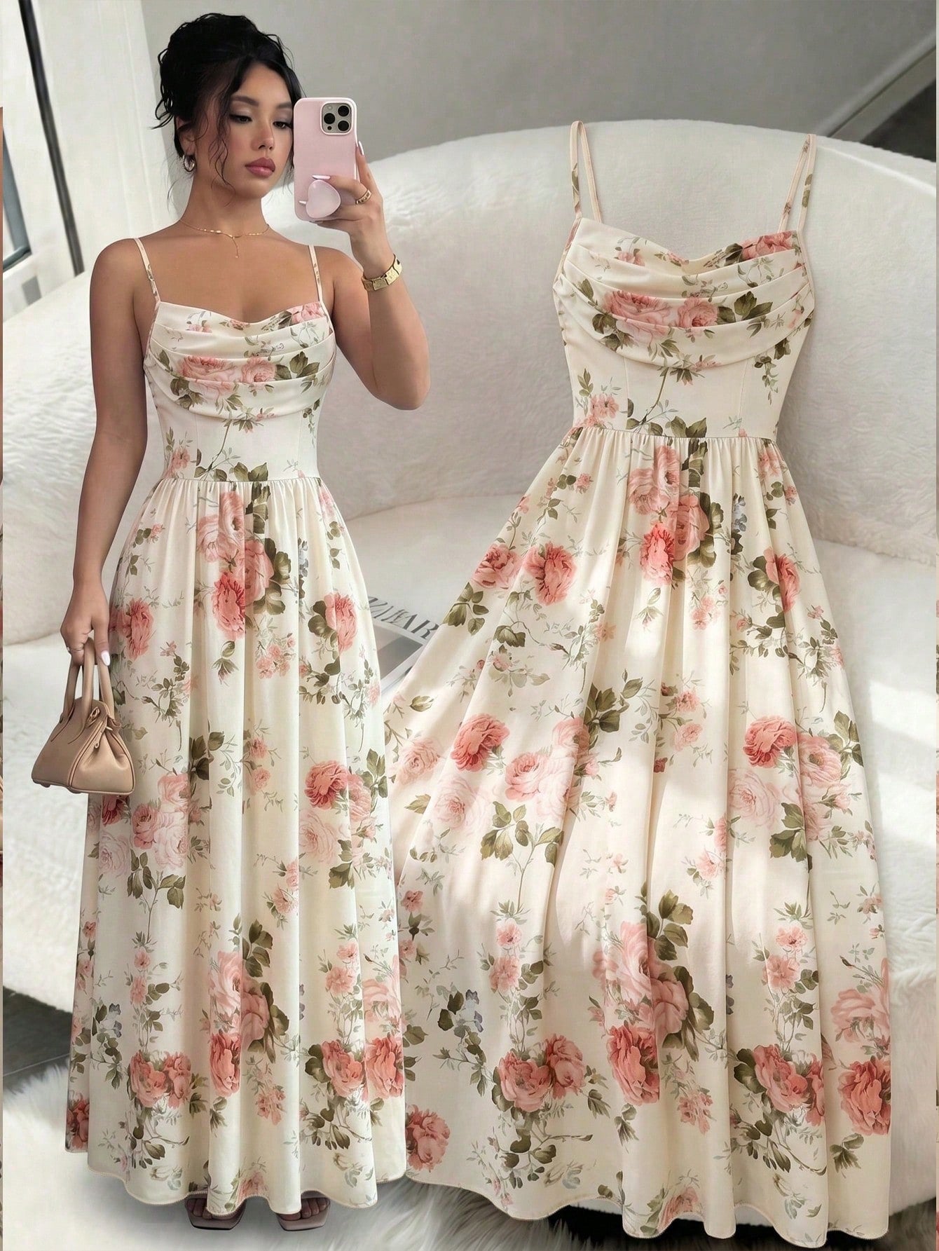 Elenzga Women's Elegant Romantic Chiffon Spaghetti Strap Waist Cinched Flowing Dress, Suitable For Wedding Guests, Sisters Gathering