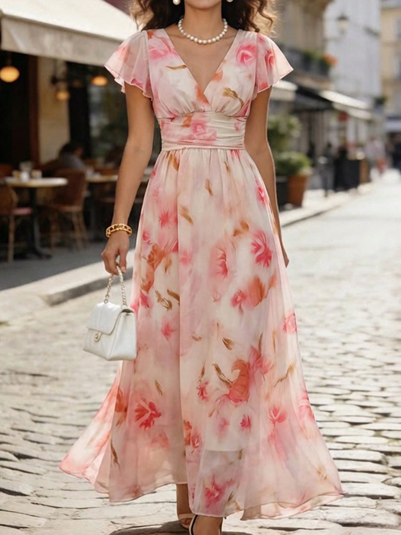 EMERY ROSE V-Neck Elegant Ruffle Hem Floral Print Waist Cinched A-Line Midi Dress, Romantic & Fashionable For Holiday