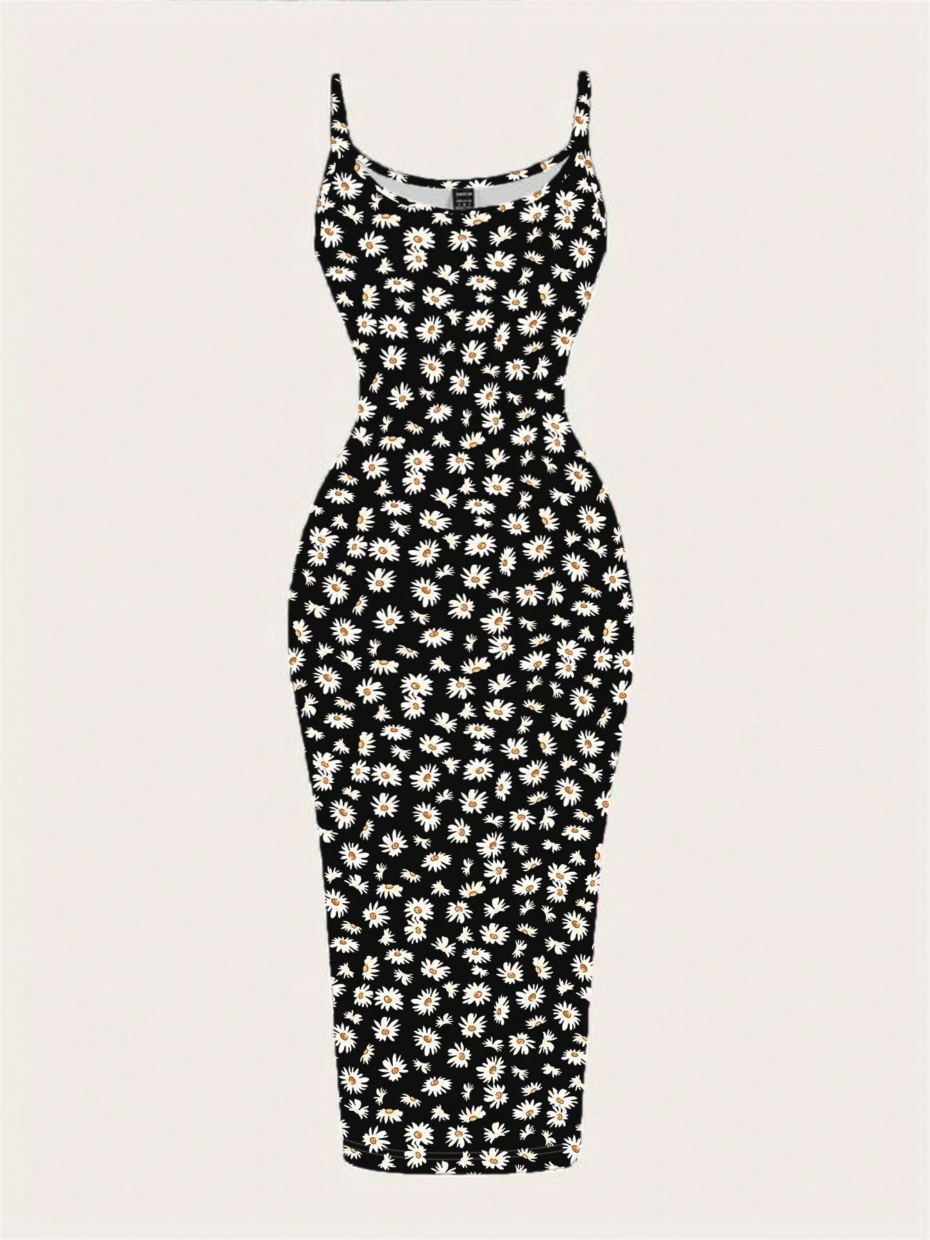 EZwear Casual Minimalist Full-Print Fitted Spaghetti Strap Maxi Dress For Summer, Daisy Print, Ditsy Floral