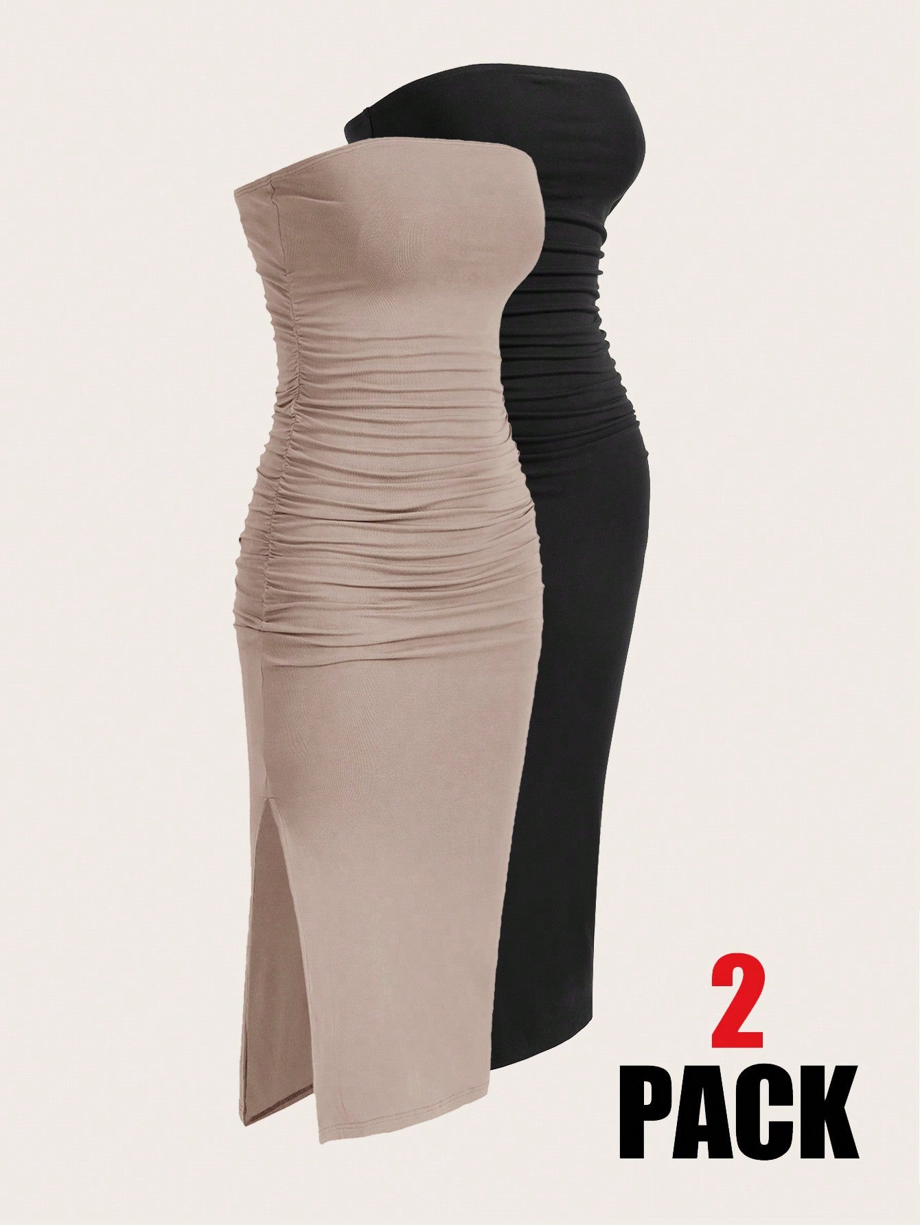 EZwear Two-Piece Set Set Multi-Color Women's Ruched Bandeau Side Slit Hem Knit Dress