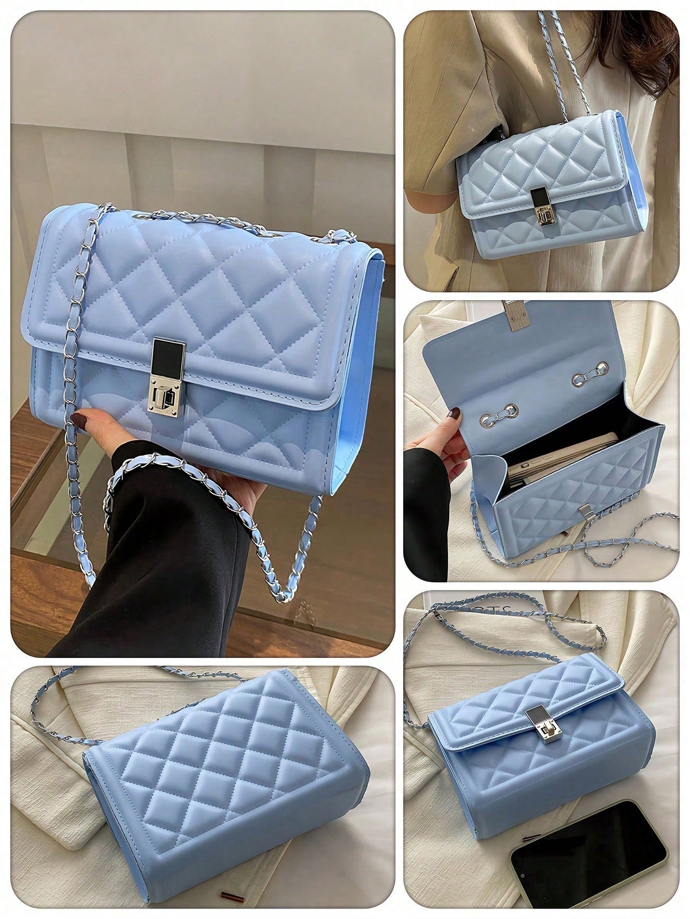 Fashion Solid Color Quilted Square Chain Shoulder Bag, Multi-Functional Evening Clutch, Lightweight New Handbag And Wallet, Suitable For Daily Commute Crossbody, Ideal Choice For Office Workers, Casua