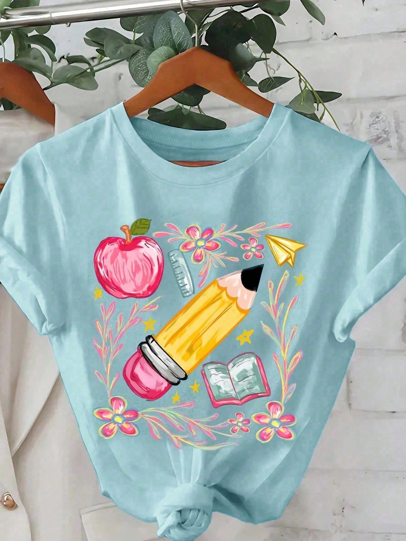 Floral Pattern Teacher Graphic T-Shirt, Cute Teacher Back To School Top, Y2K Style Women's Casual Round Neck Short Sleeve T-Shirt, Women's Autumn Back
