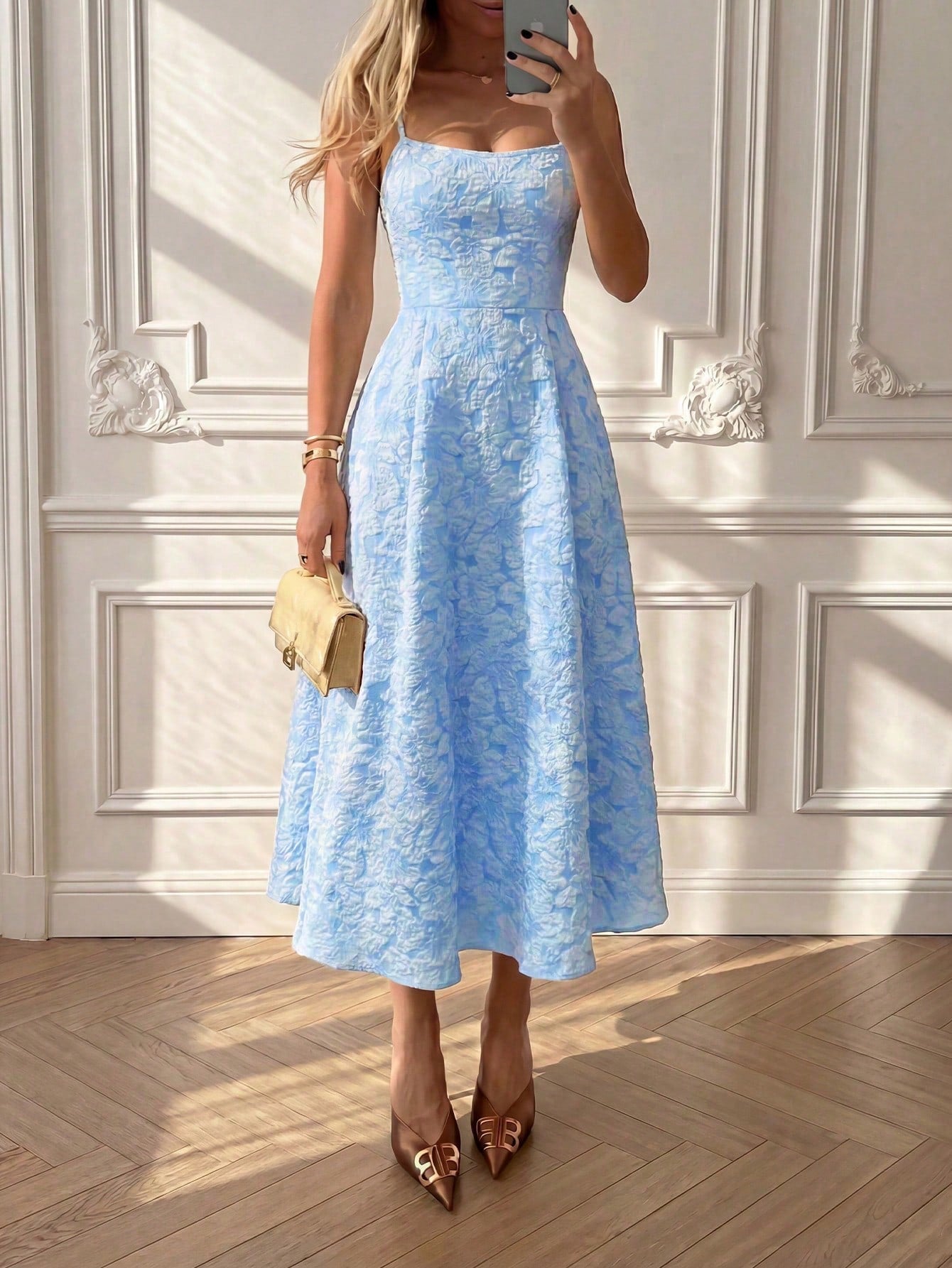 Floreya Summer Elegant Solid Color French Style High-End Elegant Light Dress Cinched Waist Slim Fit Spaghetti Strap Midi Dress Apricot Dress Party, French Girl Style