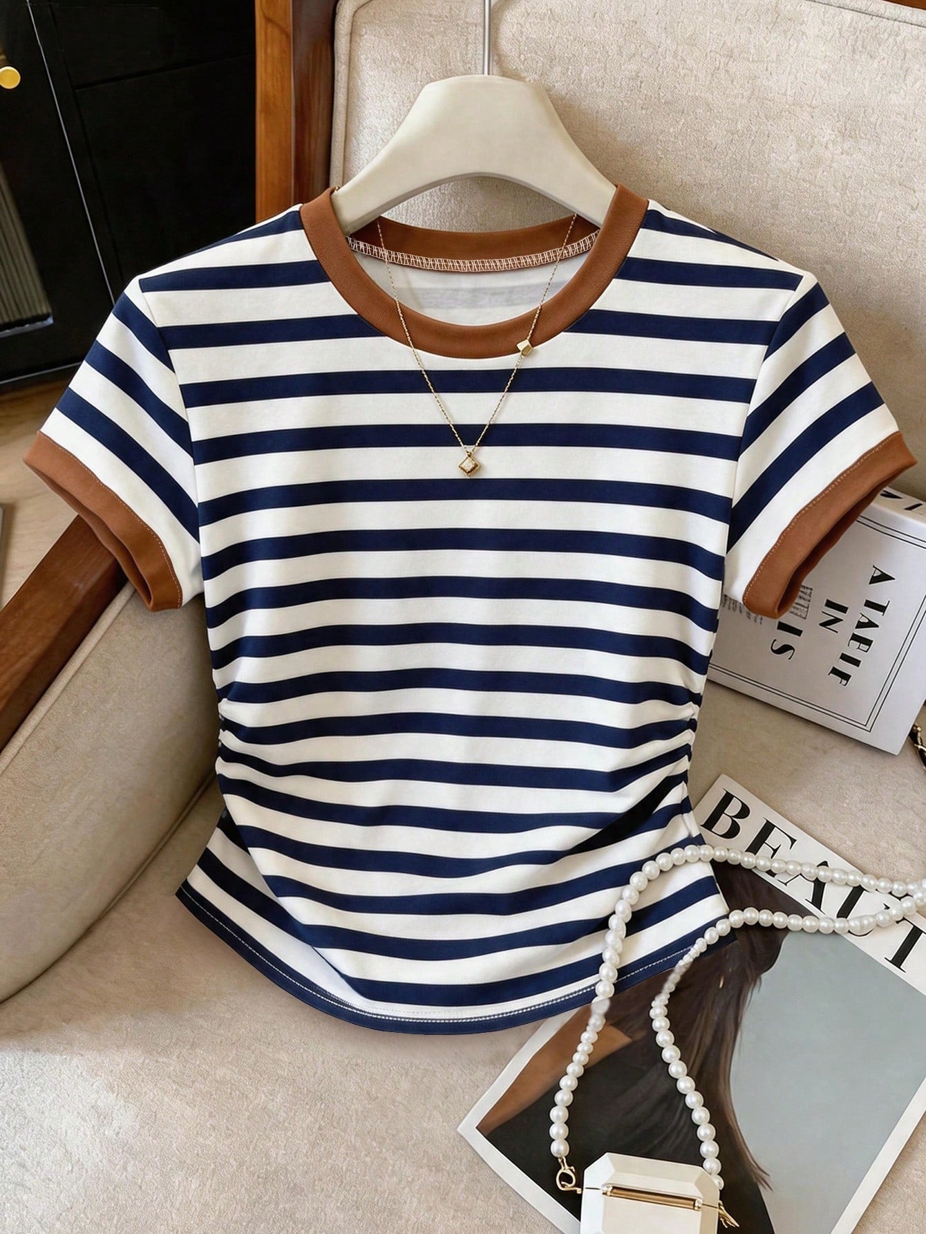 Franclia Women's Striped Round Neck Short Sleeve T-Shirt, Suitable For Back To School Season, Teacher's Day