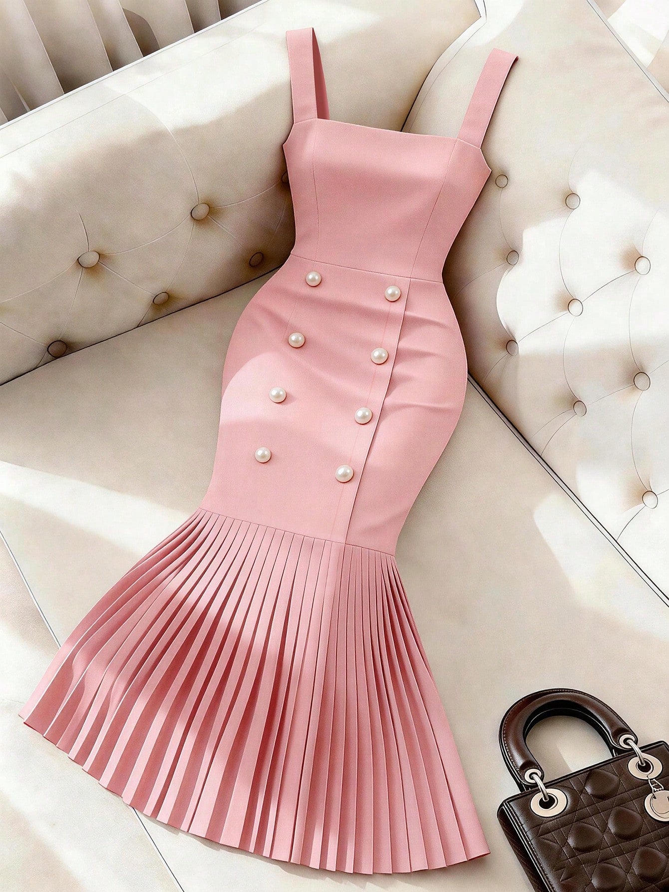 GlowEve Women's Square Neck Sleeveless Bodycon Pearl Button Decor Pleated Hem Dress,Soft Pink,Summer,Elegant,Wedding Ninang,Party Vacation Graduation Outfit