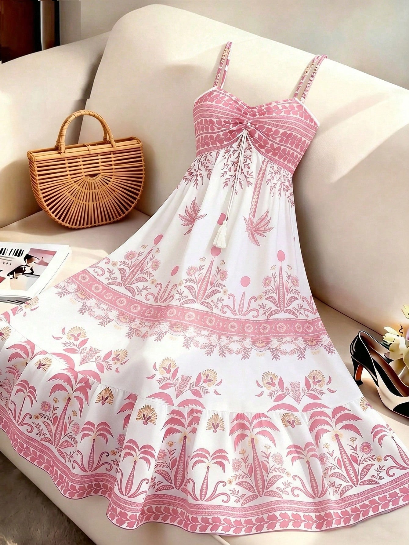 GlowEve Women's White And Pink Printed Spaghetti Strap Tie Waist A-Line Dress,Summer Boho Holiday Picnic Holiday Elegant French Retro Long Slip Dress