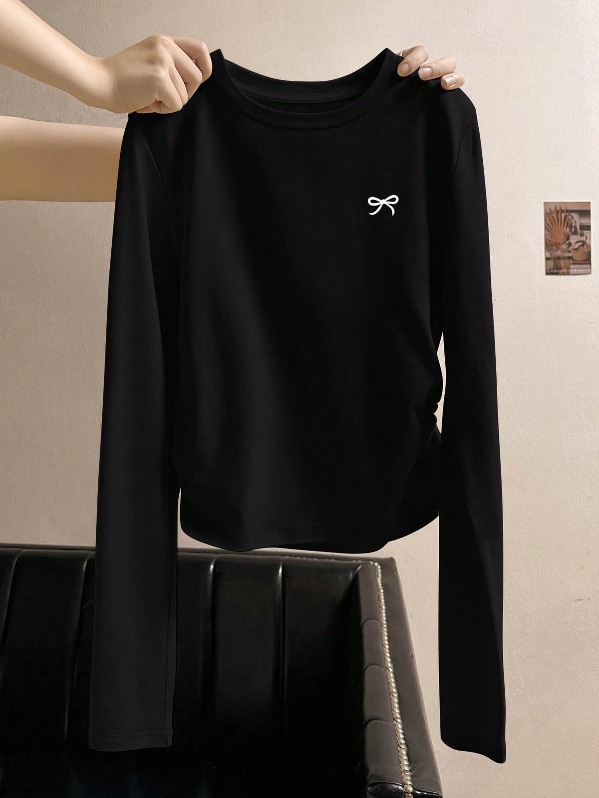 INAWLY Women's Round Neck Black Long Sleeve Bow Printed Casual T-Shirt
