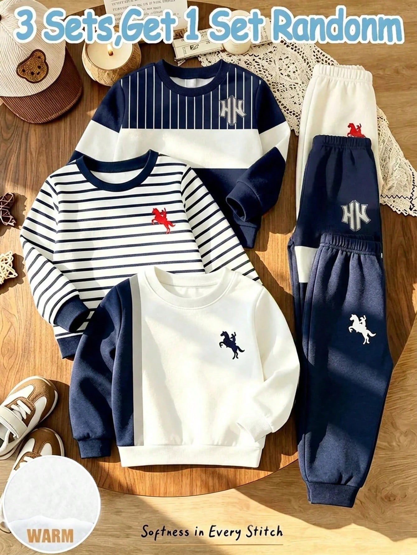 Infant Toddler Round Neck Casual Comfortable Set, Classic Vintage Striped Pattern Print, Retro Color Block Patchwork Pattern Print, Exquisite Small Logo Pattern Print, Suitable For Autumn/Winter