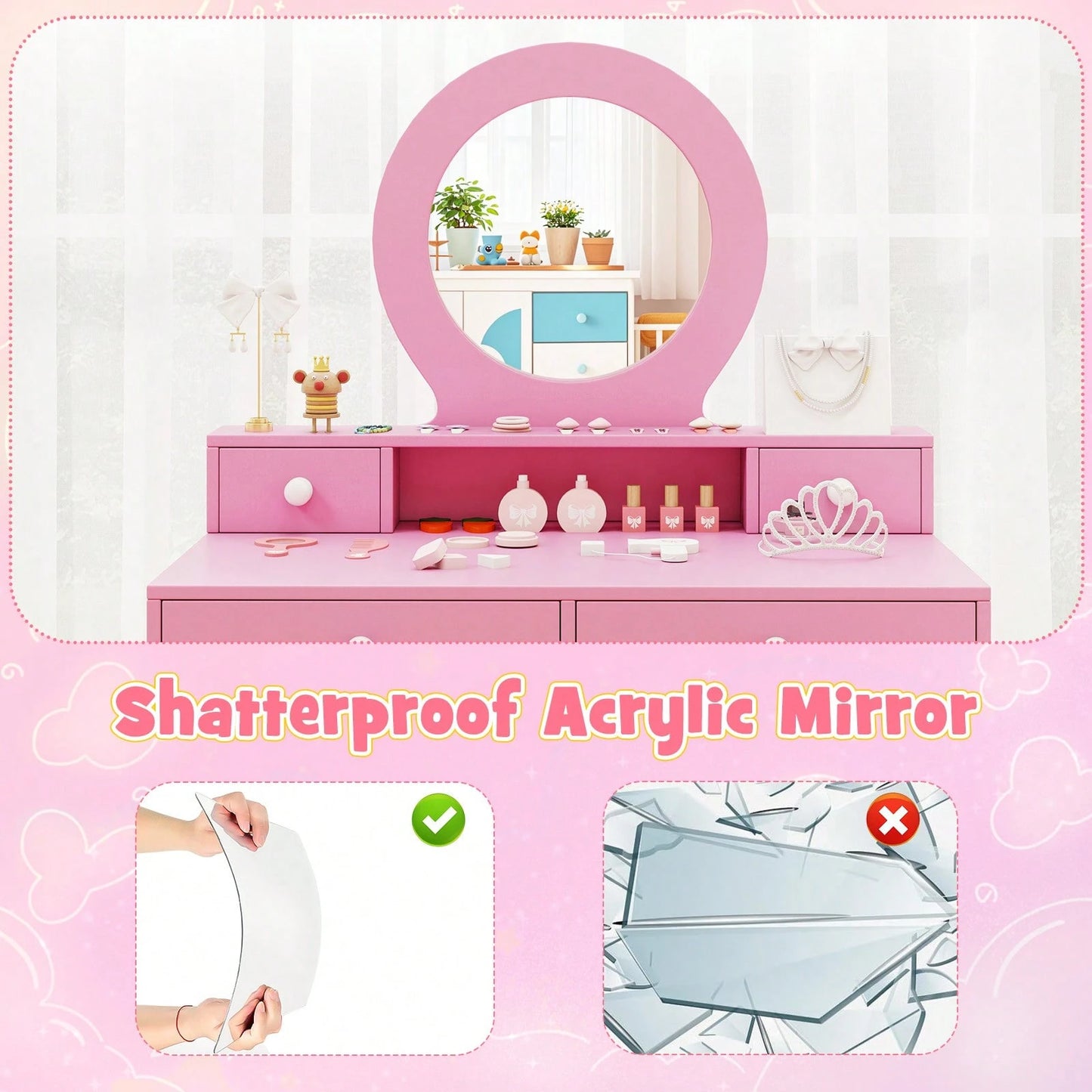 Kids Vanity Set Desk & Chair Set W/ Mirror Open Shelf & 4 Storage Drawers
