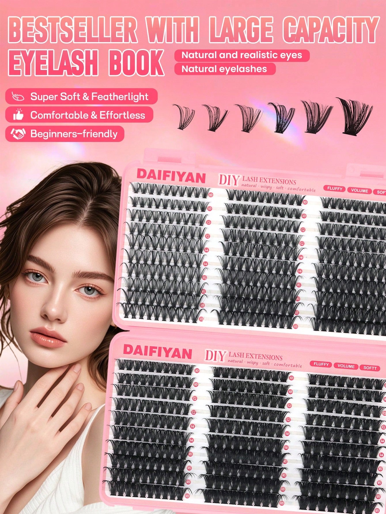 Large Capacity Mixed Length Cluster Eyelashes DIY Self Grafting Lash Extensions D Curl Fluffy Volume Individual Lashes 8-16mm Soft Natural Thick Segmented False Eyelashes Daily Makeup