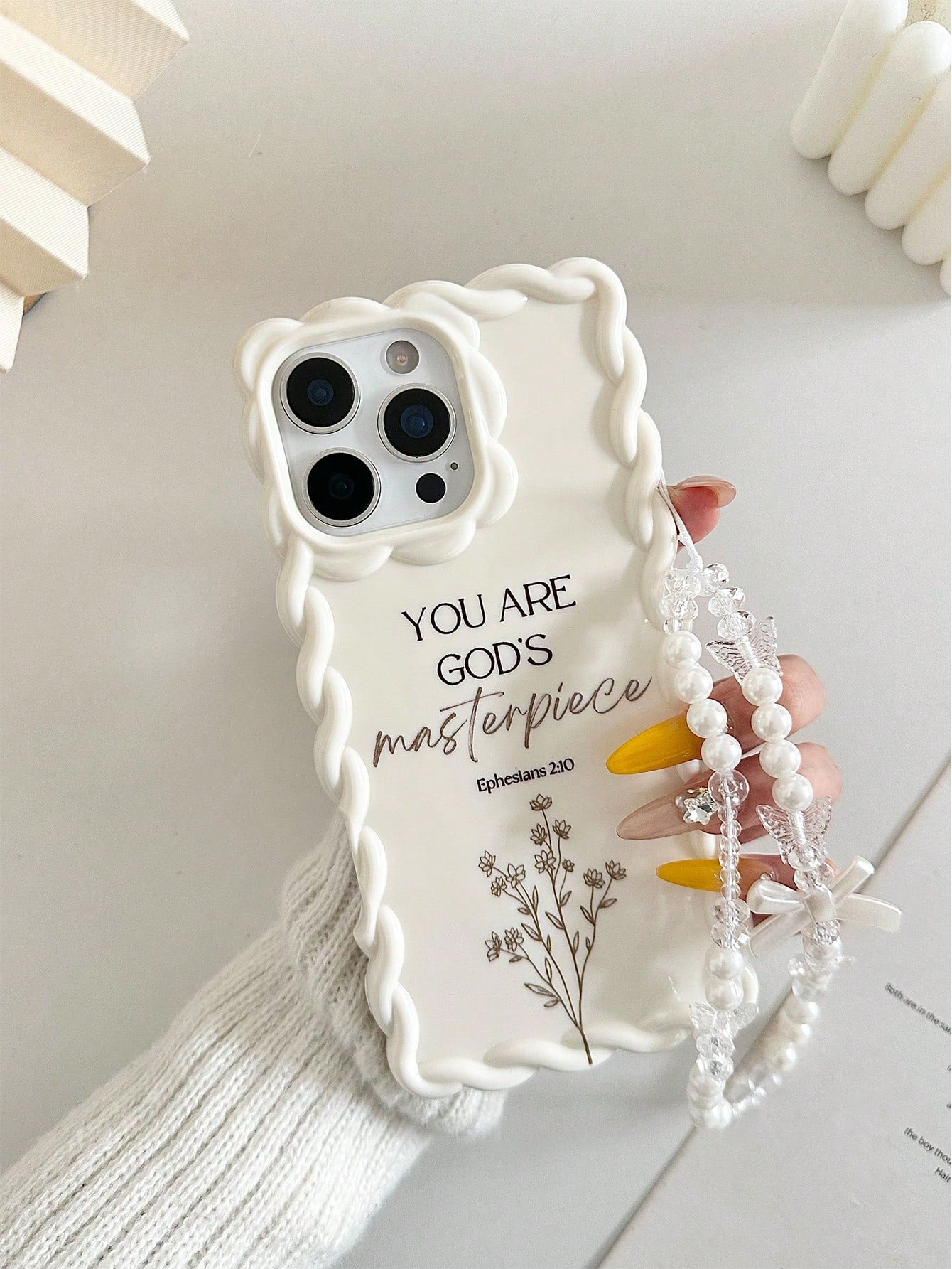 Minimalist White Slogan Element TPU Pearl Bow Element Novelty Shock-Proof Lanyard Woven Wavy Edge High-End Floral Branch Text Line YOU ARE GOD'S Masterpiece Colorful Painting Phone Case, Comes With De