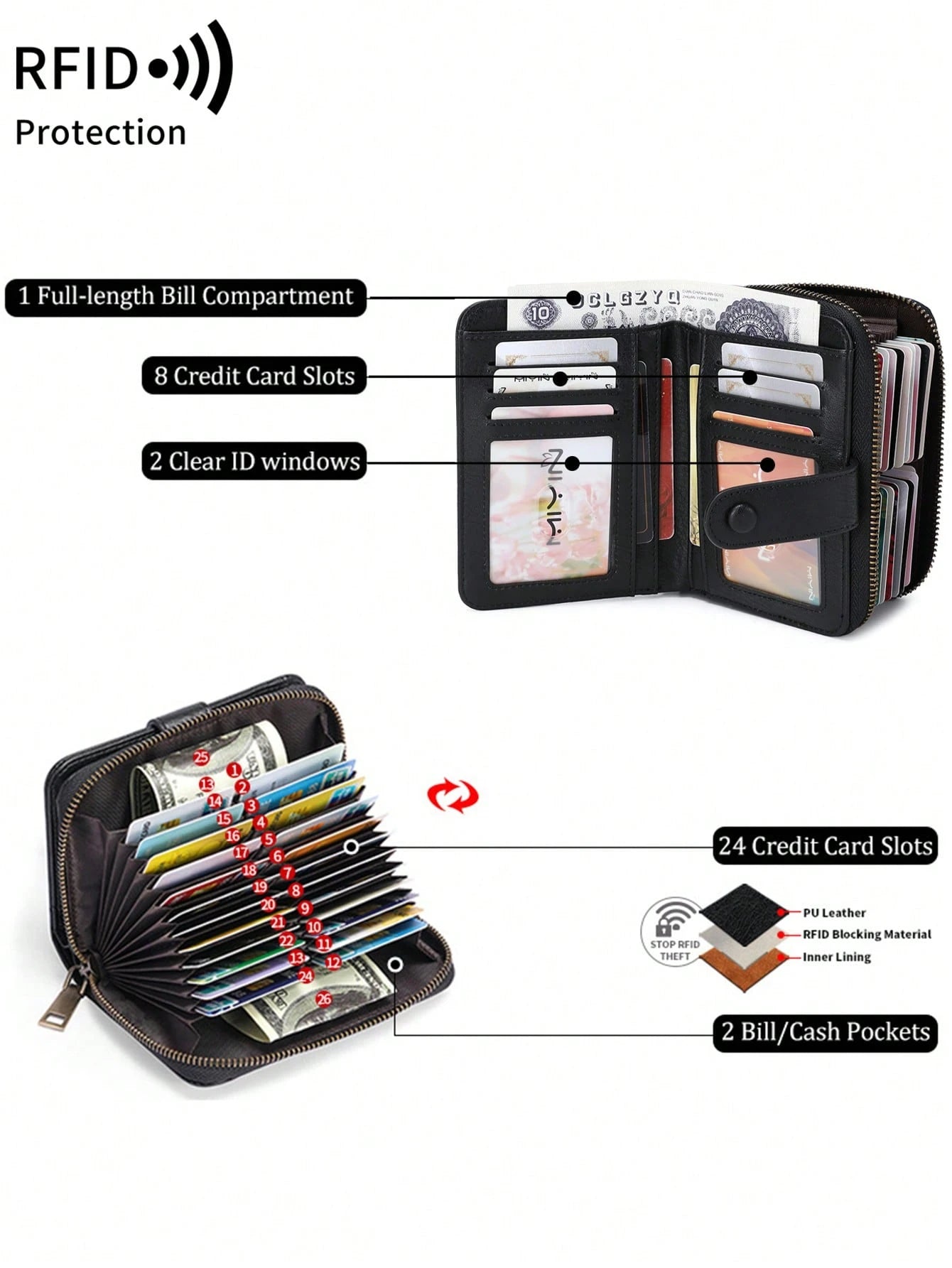 MIYIN RFID Blocking Short Wallet- Large Capacity Vintage Coin With Zipper And Wristband- Multi-Card Slot Credit Card Bag For Men And Woman Multifunction Zipper Wallet Card Holder Hollow Out Vintage