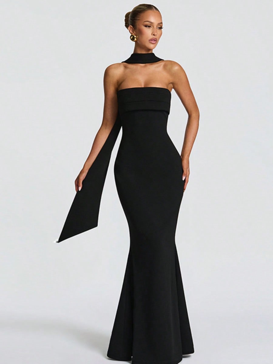Multi Color Halter Sash Strapless Mermaid Maxi Gown, Solid Slim Side Slit Floor Length Dress For Gala Dinner, Prom Night & Wedding Guest Events