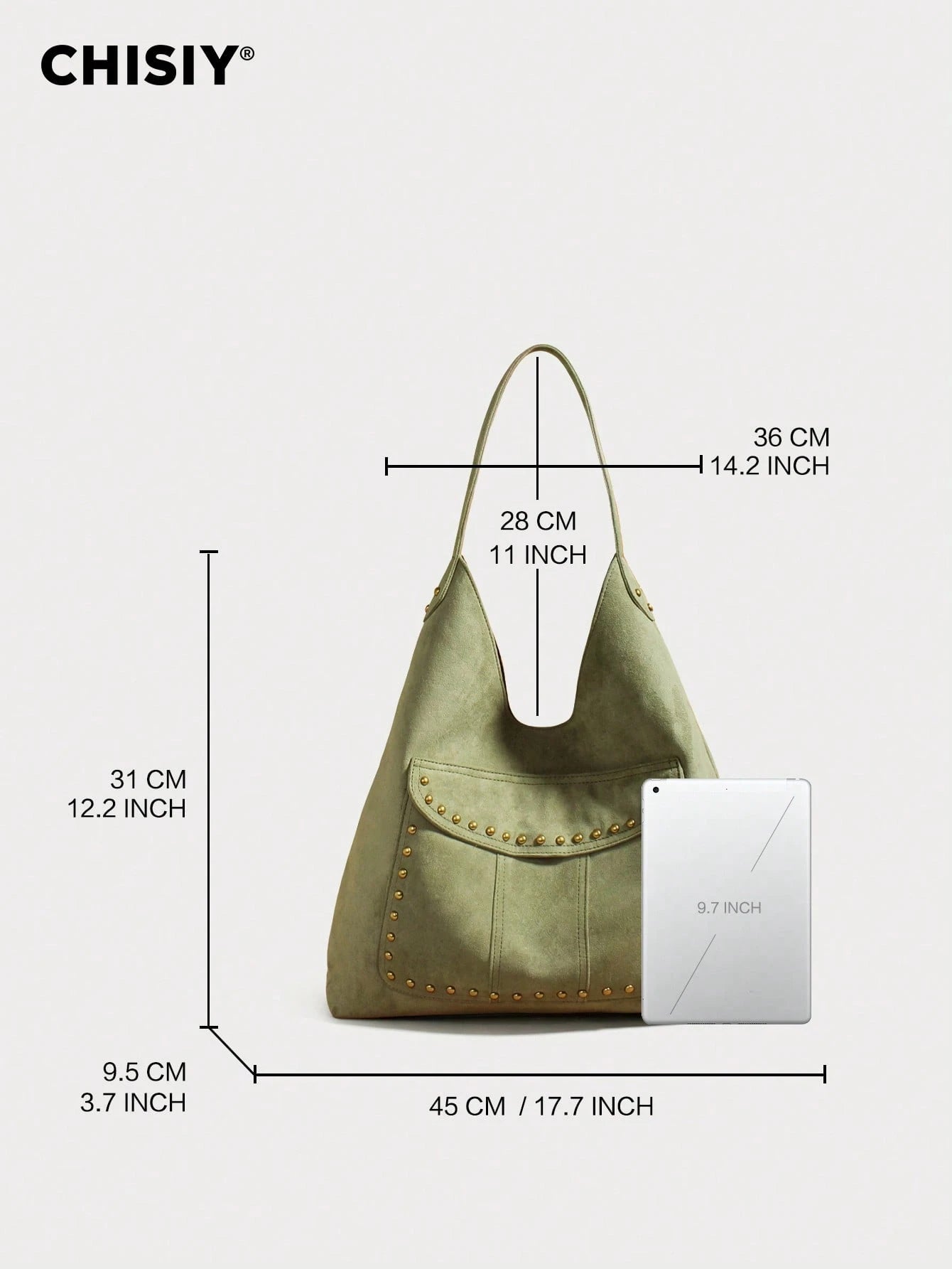 New Green Metal Stud Decor Large Pocket Tote Bag, High Capacity Wide Strap Shoulder Bag, Commuter Travel Multi-Function Storage Bag, All Season