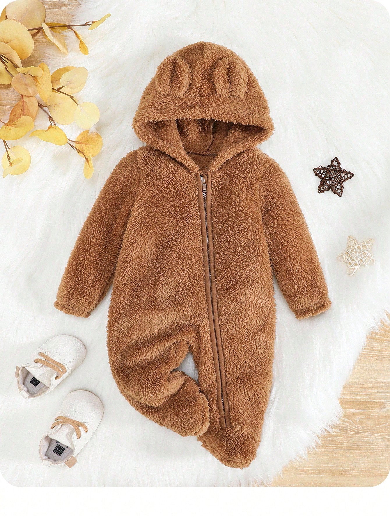 Newborn Baby Boy 3D Ear Design Hooded Zipper Flannel Sleep Autumn Jumpsuit
