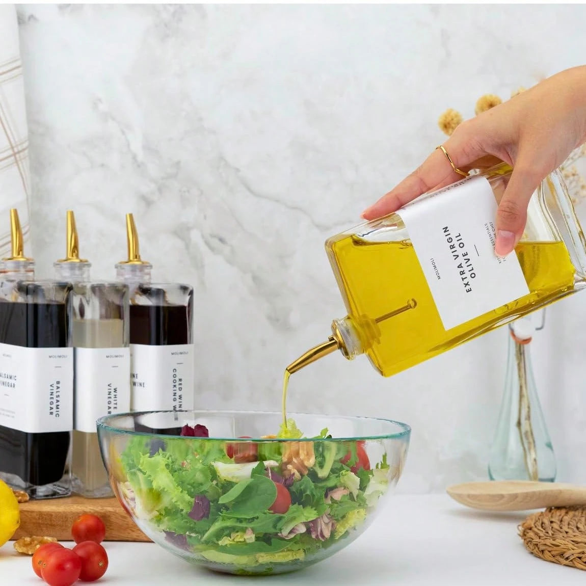 Olive Oil Dispenser Bottle For Kitchen, Automatic Pourer, Glass Thin Bottle Dispenser For Kitchen, Olive Oil Cruet,| Set Of 2- Gold