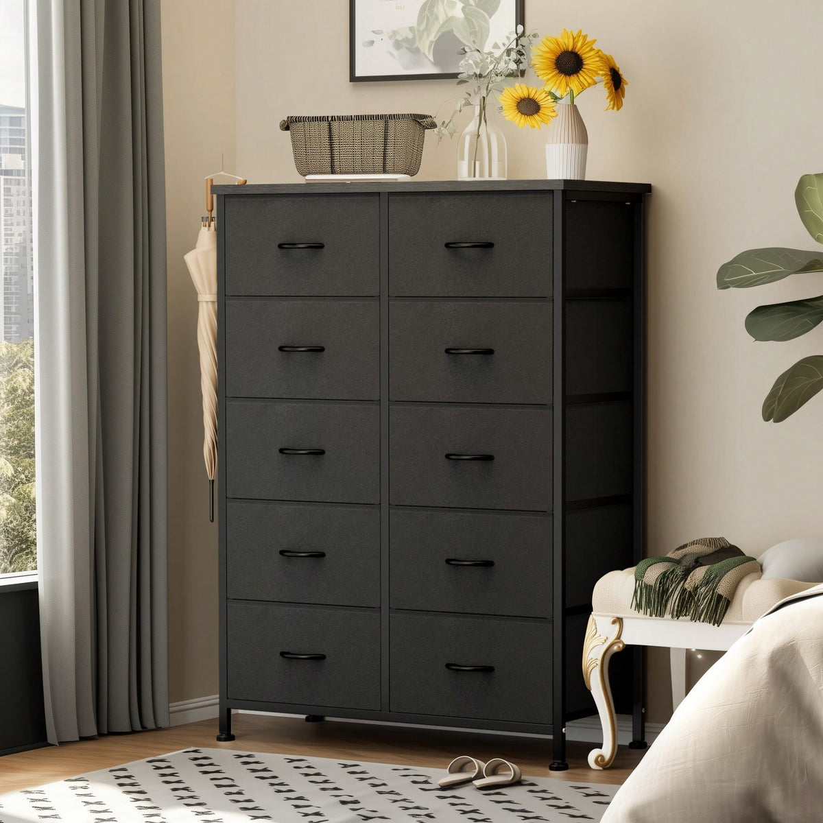 OLIXIS Dressers Bedroom Furniture,Tall Black Dresser For Bedroom With 10 Drawers, Chest Of Drawers, Storage Organizer Unit With Fabric Bins For Closet, Hallway, Living Room, Entryway