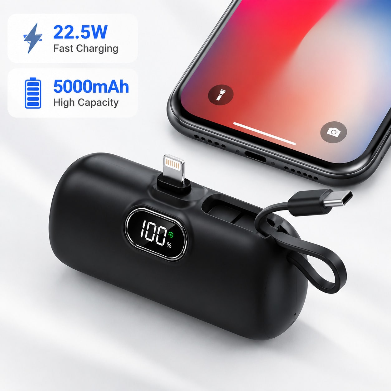Pink 5000mAh Travel Portable Charger With Lightning Connector, Short USB-C Cable And 22.5W Fast Charging, Featuring An LED Power Screen, Smooth Capsule Shape And Attached Lanyard For Grab-And-Go Use